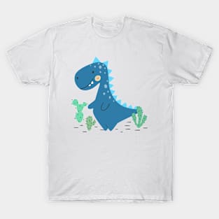 BlueT-Rex Dinosaur with Cactuses T-Shirt